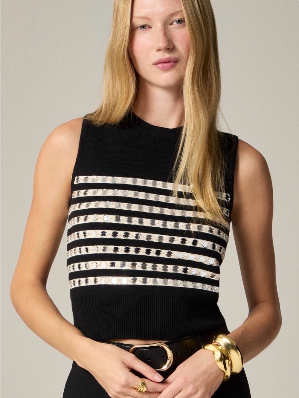 NWT J. Crew XL Black Sleeveless Tank Sweater Camisole with Silver Sequin Stripes